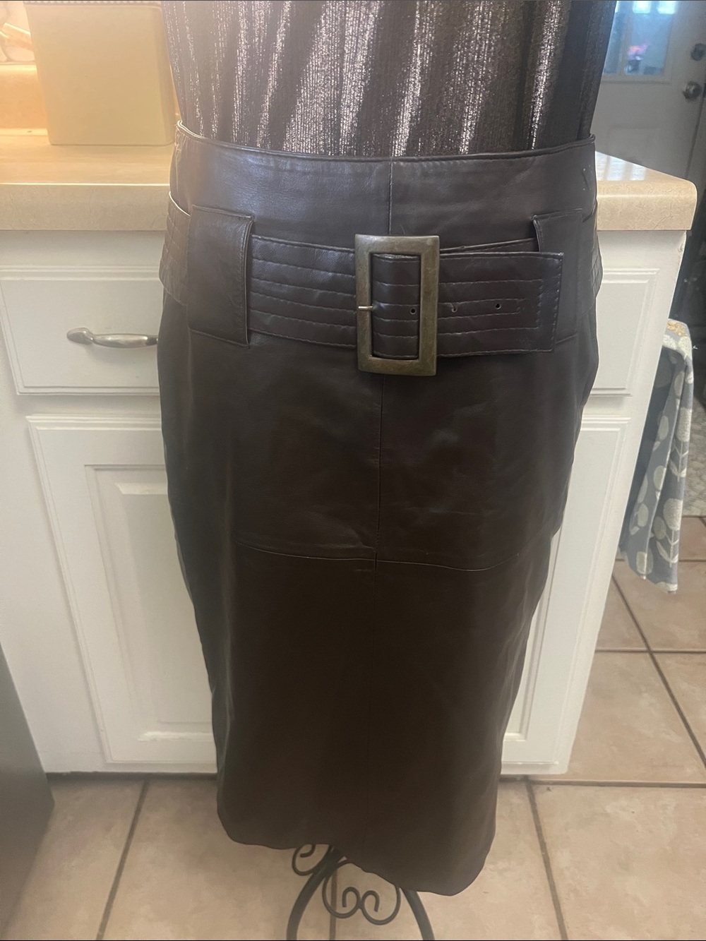 Victoria's Secret Dark Brown Leather Pencil Skirt with Wide Buckle Belt